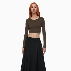 Babaton Contour Crew Long Sleeve Crop Top in Dark Olive: Small